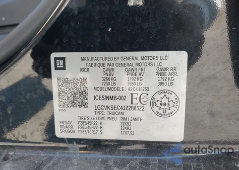 2018 Chevrolet Silverado 1500 1Lz/2Lz z USA, uszkodzony, nr VIN 1GCVKSEC4JZ288522